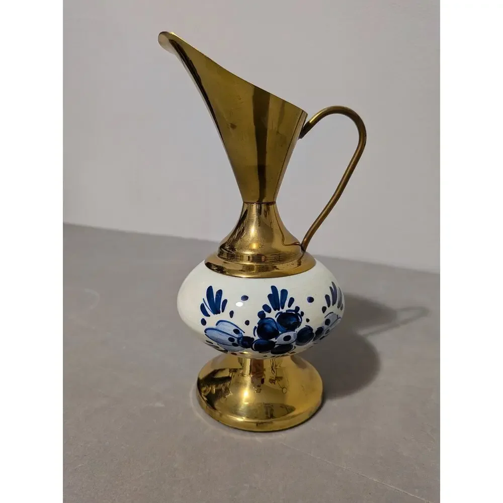 Vintage Blue Floral Delftware Brass Porcelain Pitcher Vase Holland Model # 2285